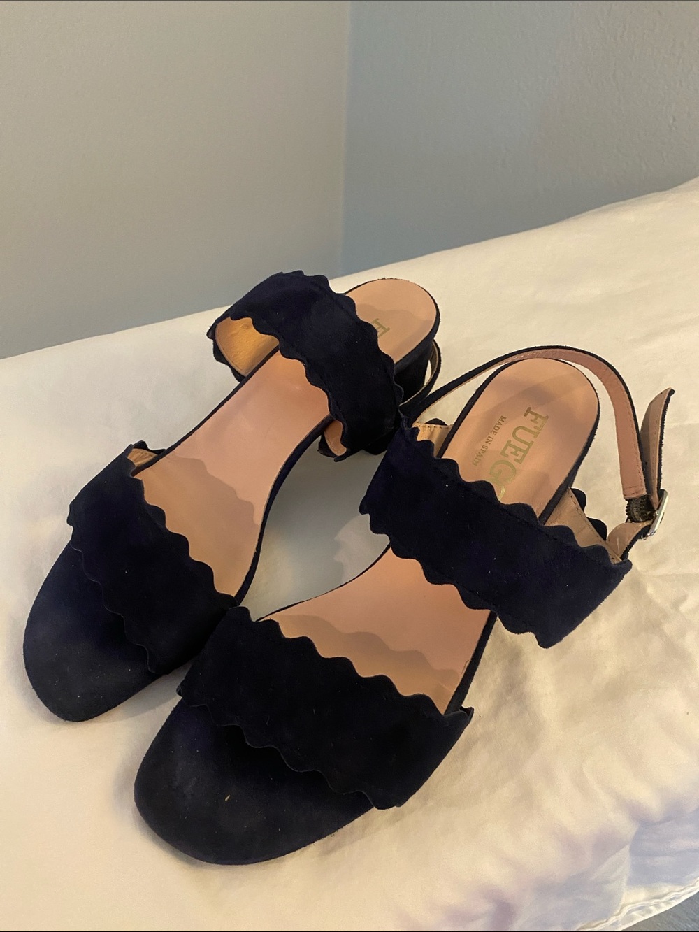 Scalloped Strap Navy Suede Sandals with Ankle Buckle